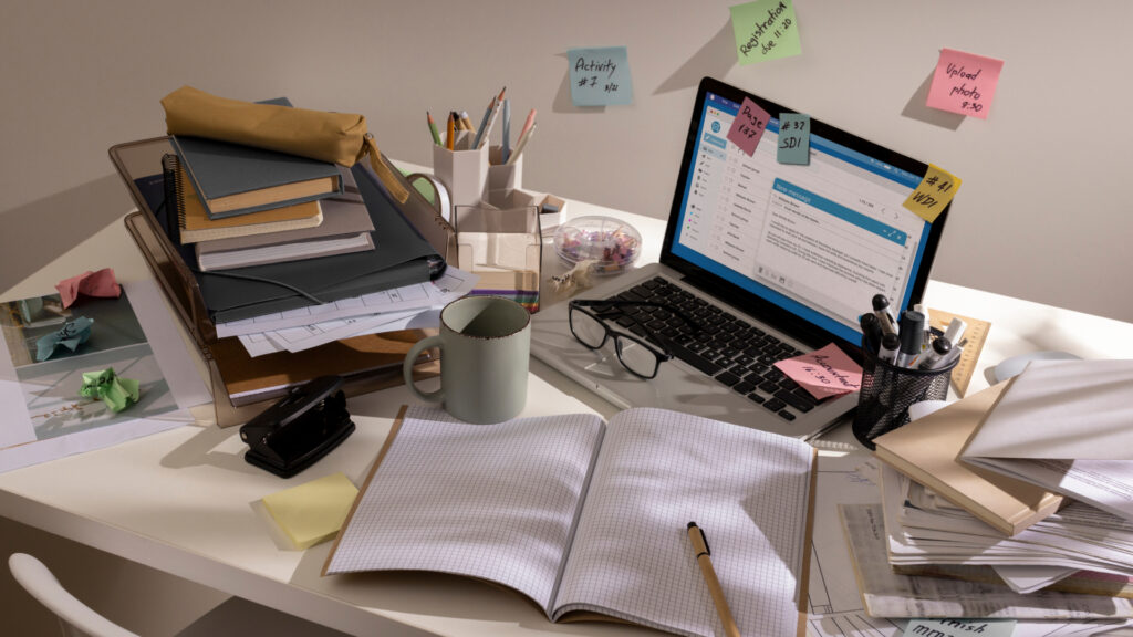 Una scrivania con computer portatile, portapenne, occhiali da vista, libri e compiti da svolgere